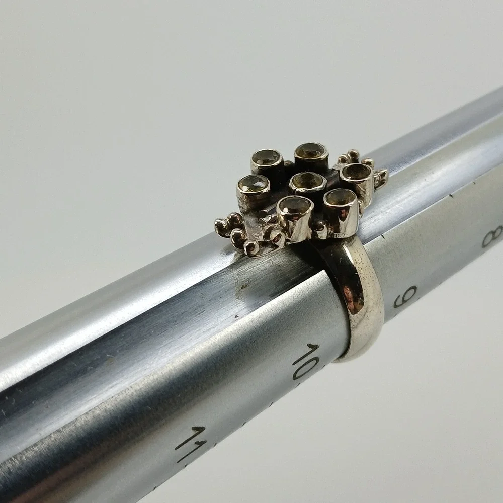 Artisan Crafted 925 Sterling Silver Citrine Cluster Ring Thailand 1990s Size 9.5